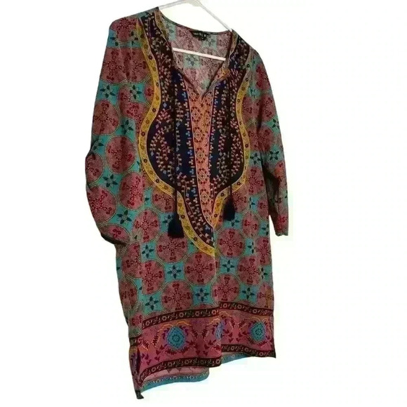 NLW Paisley,loose,oversized,flowy,bohemian Multicolored open neck w/Tassels SZ-M - Picture 2 of 10
